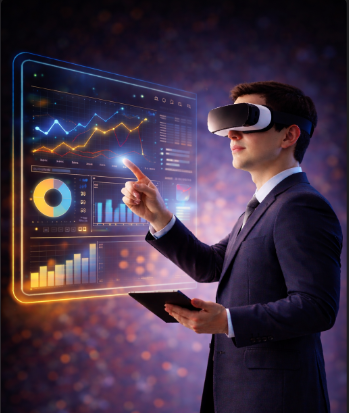 Business professional using VR technology for data analytics