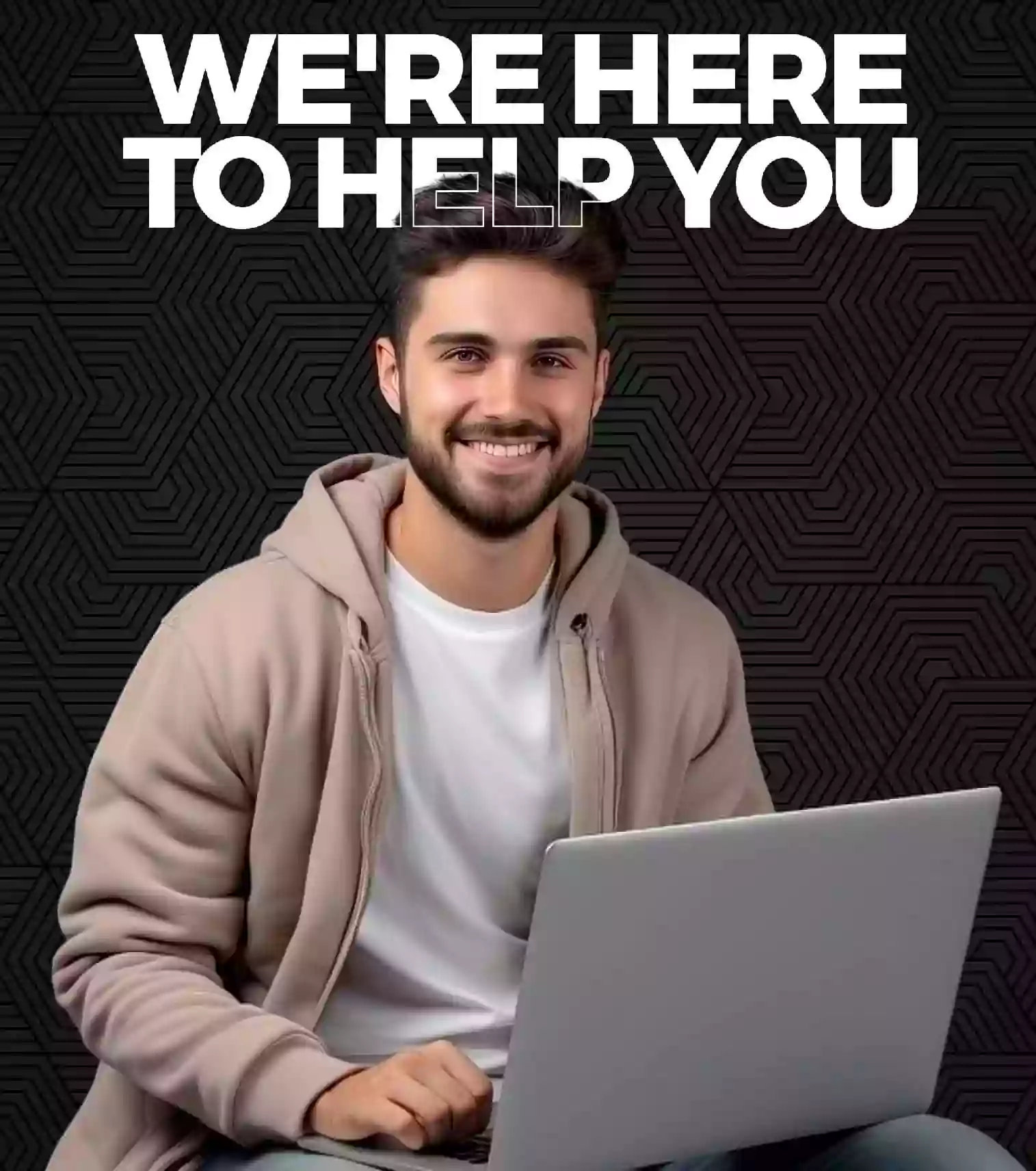 Smiling man with laptop on geometric patterned background with text 'We're Here to Help You'