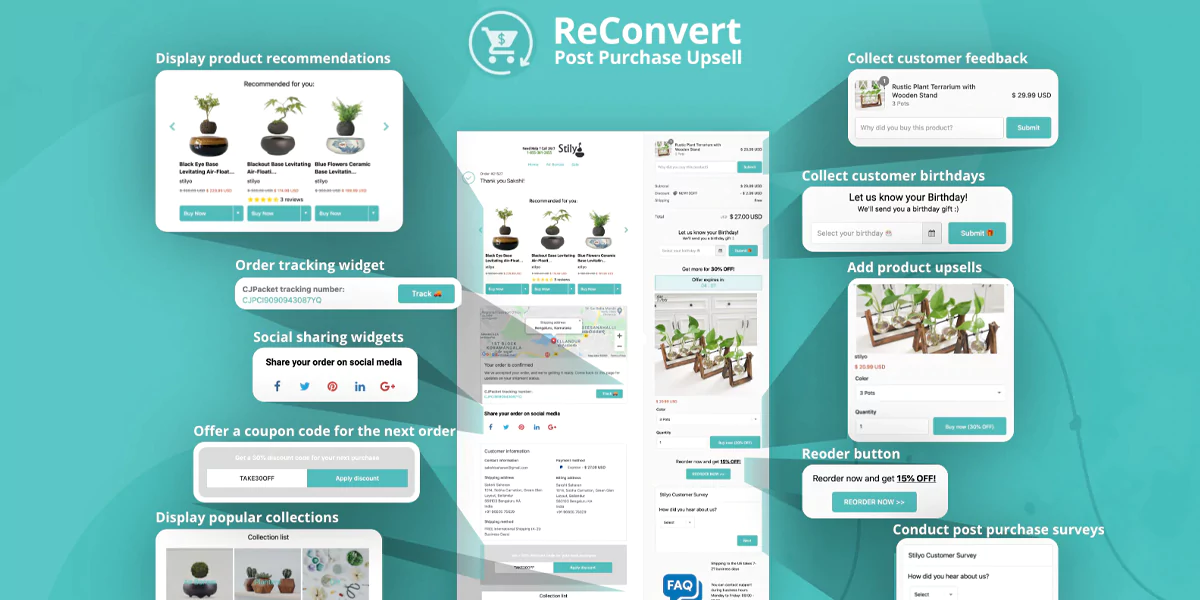 ReConvert AI tool for Shopify that optimizes post-purchase thank-you pages with upsell offers and personalized product recommendations